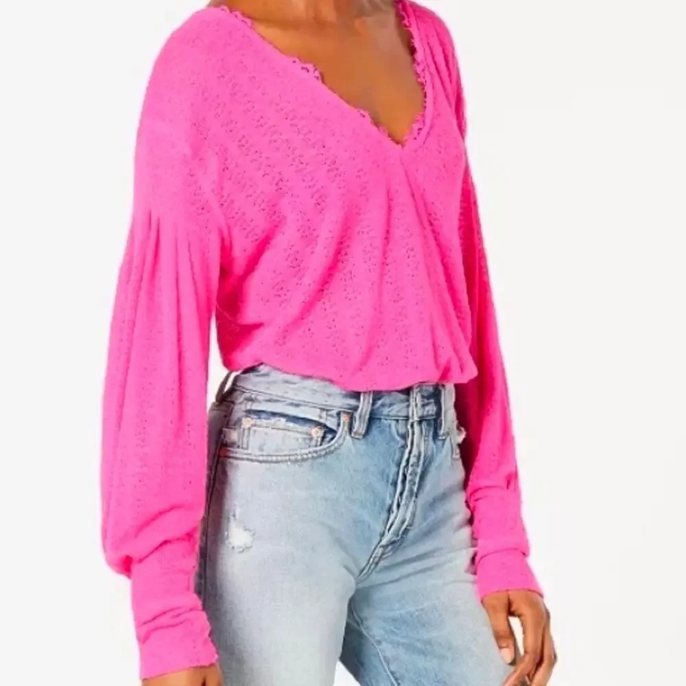 Free People Dream Girl Pointelle V-Neck Top Hot Pink Size XS